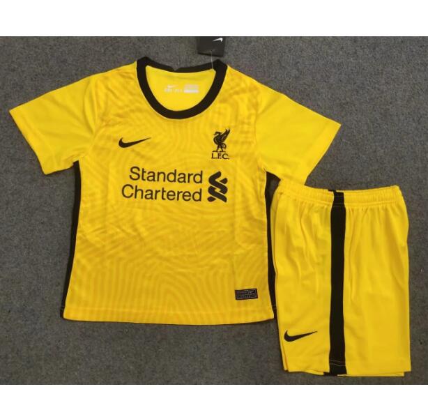 Liverpool Kids Goalkeeper Yellow Soccer Kits Shirt With Shorts 2020/21